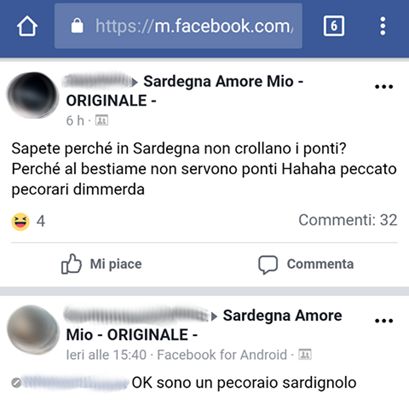 Gruppo Facebook contro la Sardegna, pioggia di insulti a un’intera Isola: “Pecorai di m….”