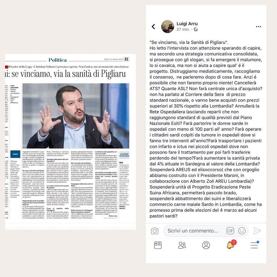 Salvini: “Se vinciamo, via la Sanità di Pigliaru”. Ma Arru non ci sta