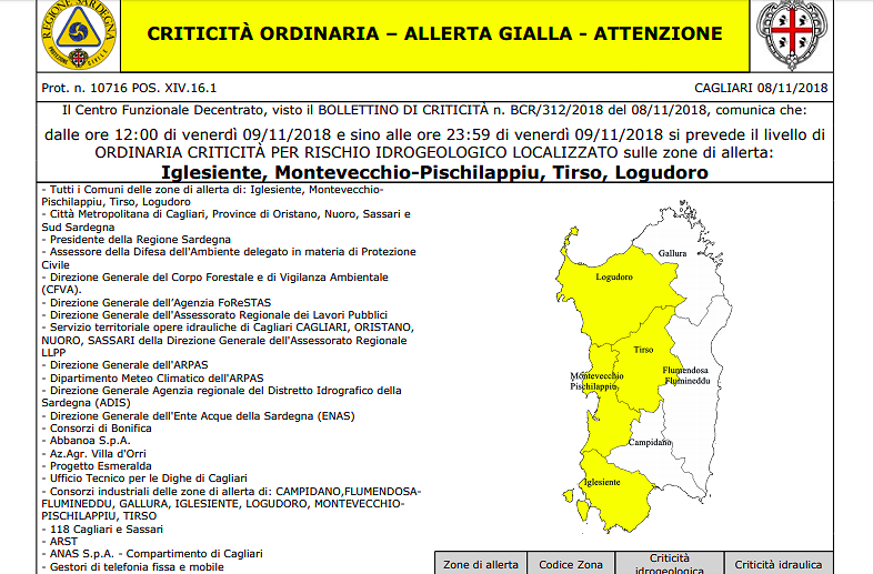Sardegna, è nuova allerta gialla per la giornata di venerdì 9 novembre