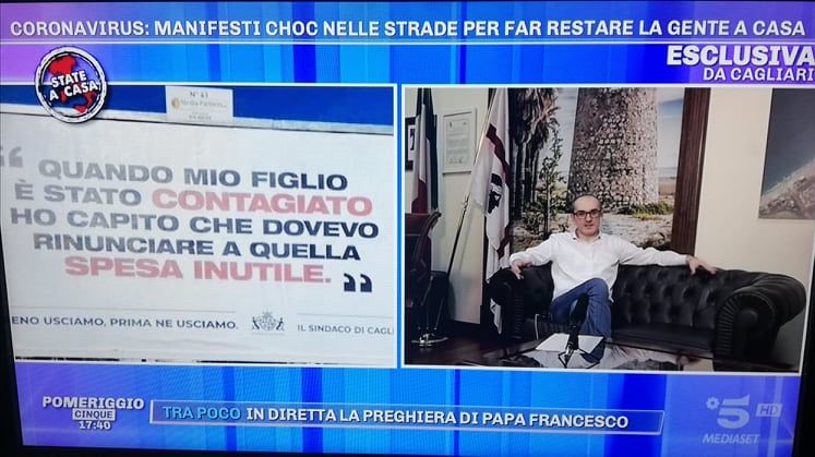 Coronavirus, Truzzu dalla D’Urso sui cartelloni choc a Cagliari: “Colpire gli irresponsabili”
