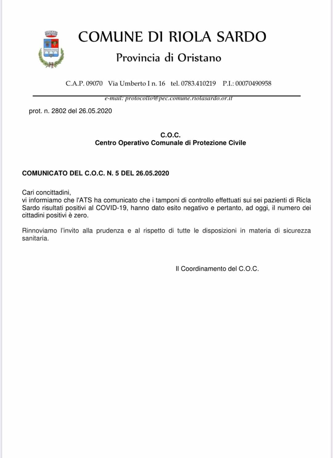 Anche Riola Sardo è covid free: oggi la bella notizia, tamponi tutti negativi