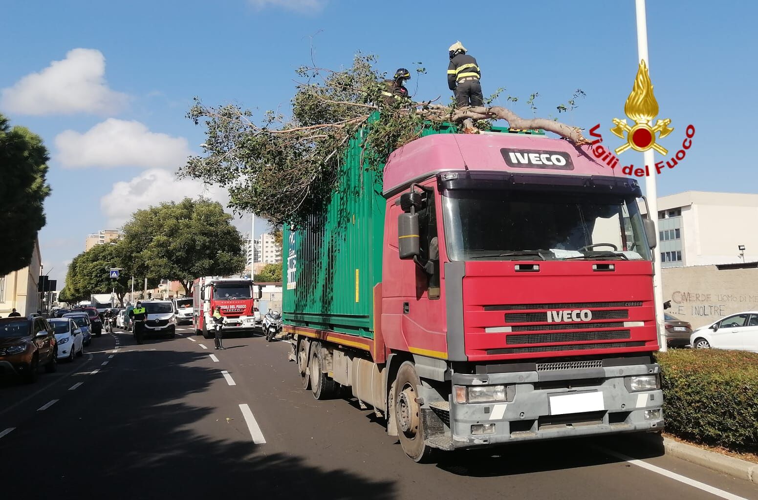 Camion sbatte contro un grosso ramo a Cagliari, paura in viale Colombo