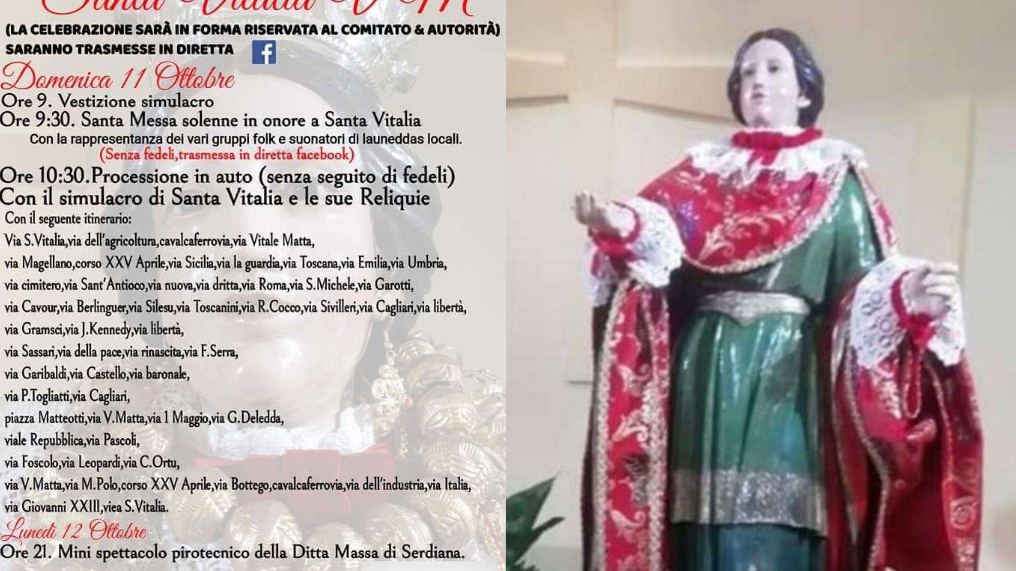 Niente messa all’aperto a Villasor, Santa Vitalia percorrerà il paese in automobile senza i fedeli