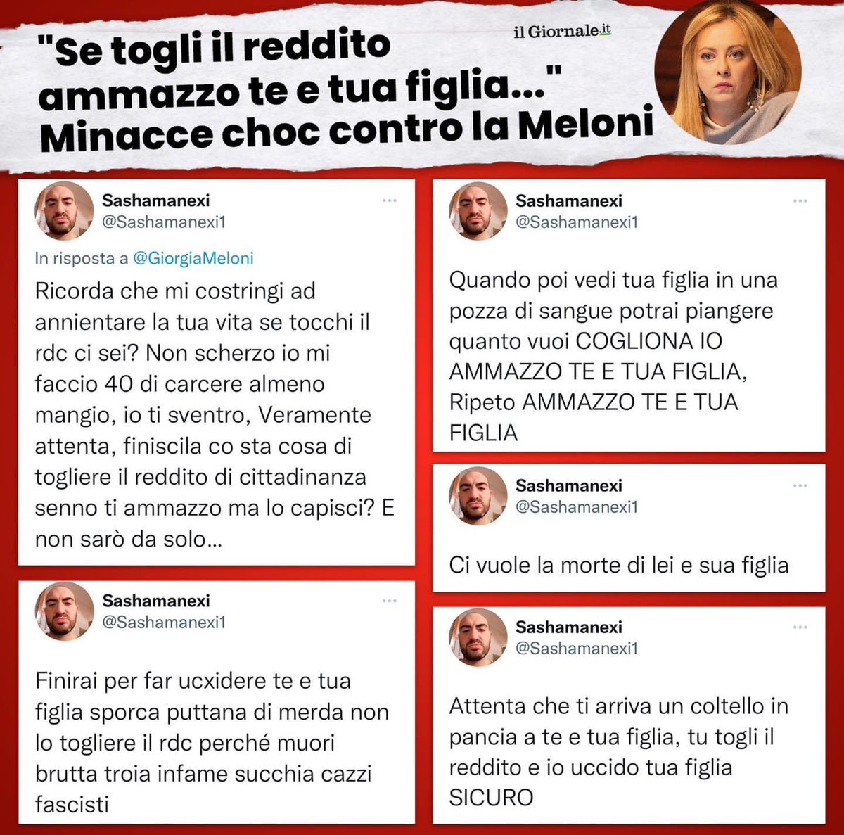 Minacce a Giorgia Meloni: “Se togli il reddito di cittadinanza ammazziamo te e tua figlia”