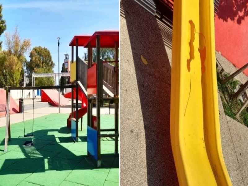 Pirri, vandali scatenati nel parchetto di San Giuseppe: scivolo distrutto e giochi inagibili