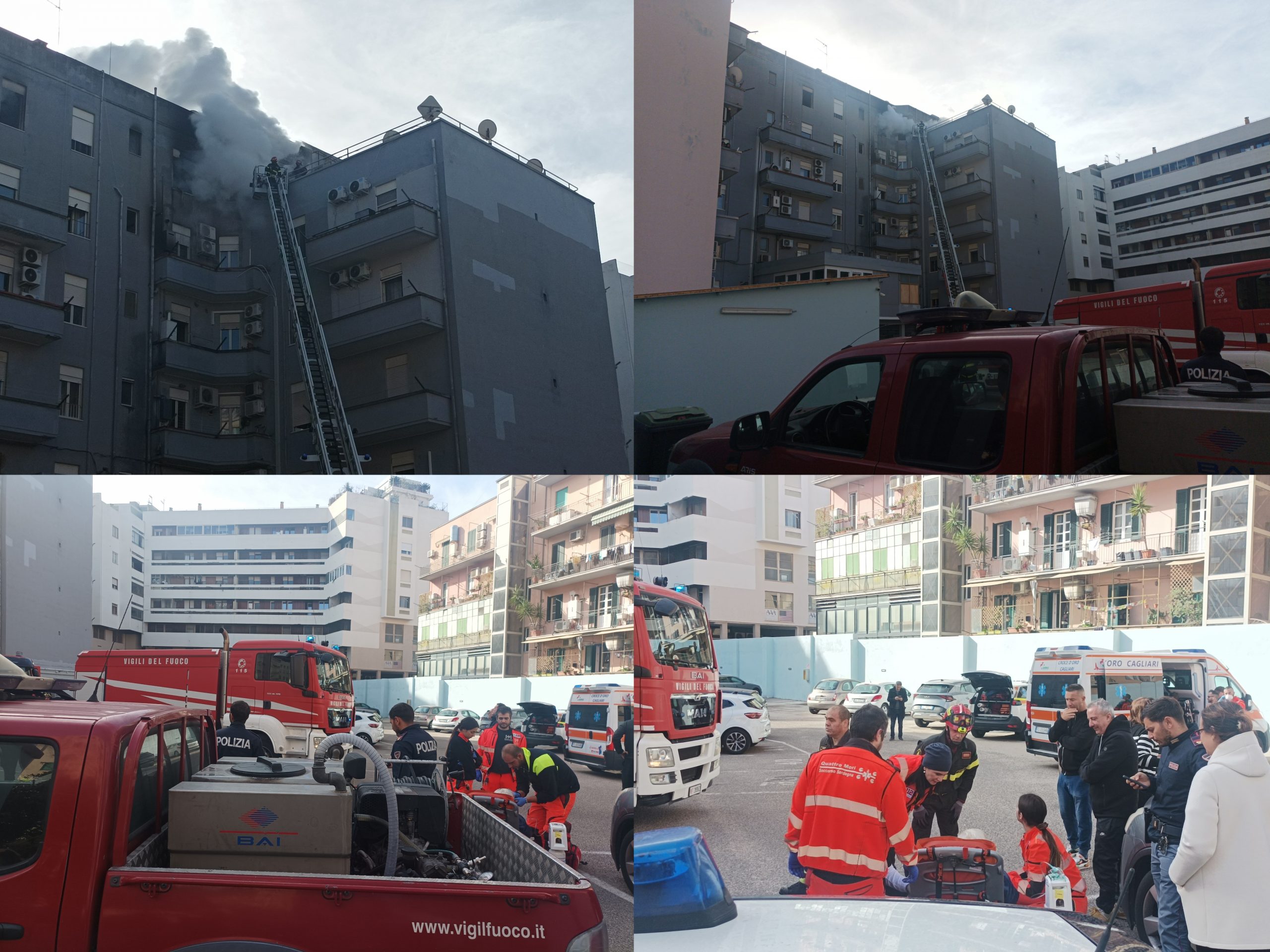 Cagliari, appartamento in fiamme nel palazzo Vinceremo: coppia di anziani salvata dai pompieri
