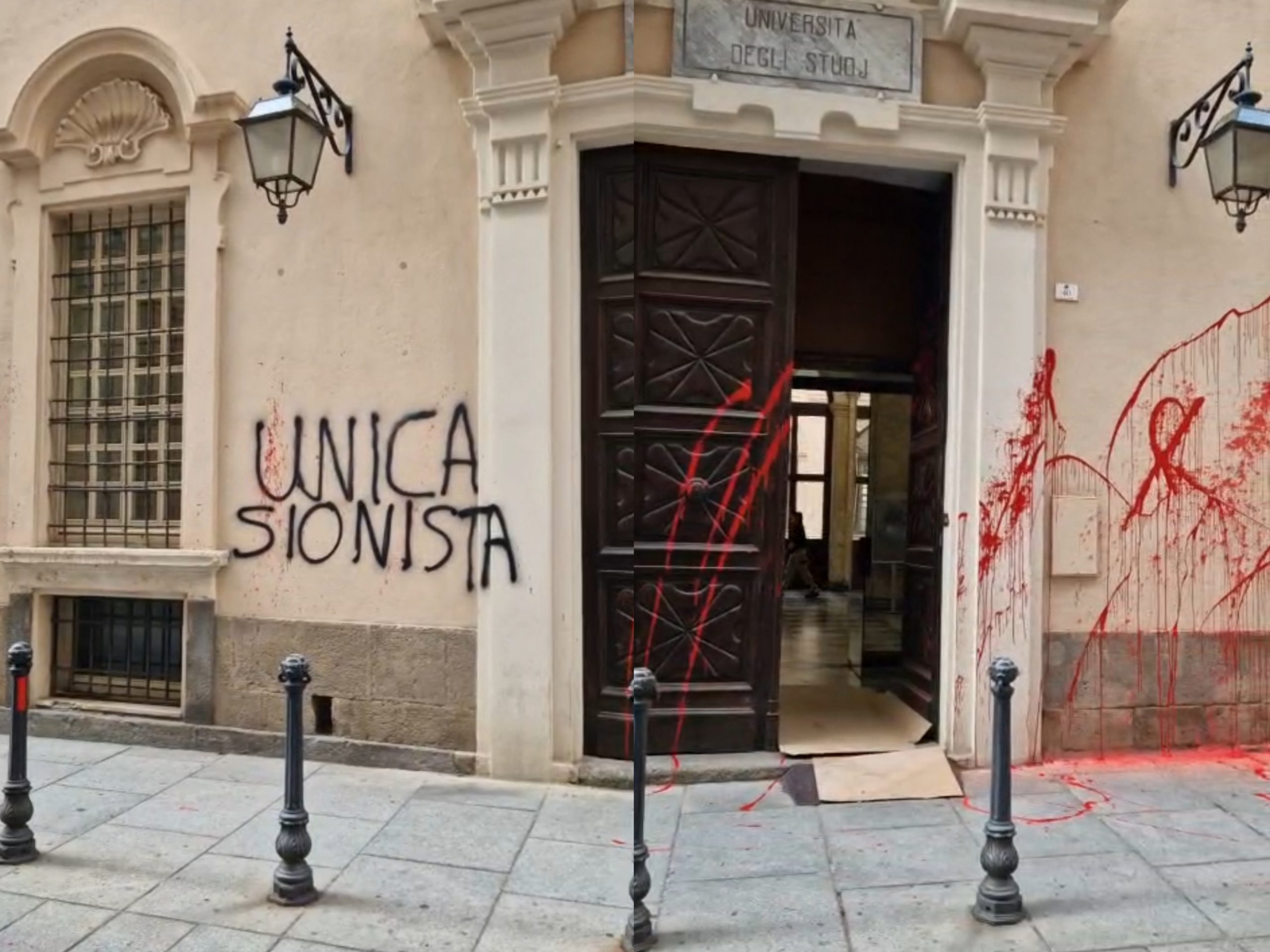 Cagliari, imbrattata con vernice rossa e scritte antisemite la facciata dell’Università
