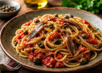La cultura nel piatto, spaghetti con capperi, acciughe e pomodoro