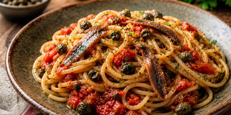 La cultura nel piatto, spaghetti con capperi, acciughe e pomodoro