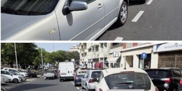 Cagliari, la ciclabile di via Tuveri completamente occupata da auto in doppia fila: usata come parcheggio aggiuntivo