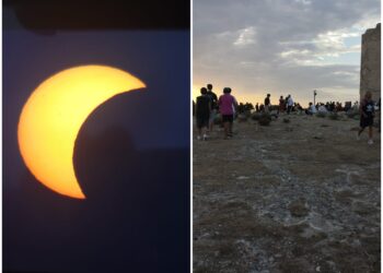 Eclissi di Sole a Cagliari: l’abbraccio tra Luna e Sole incanta il colle di San Michele, centinaia di cagliaritani col naso all’insù