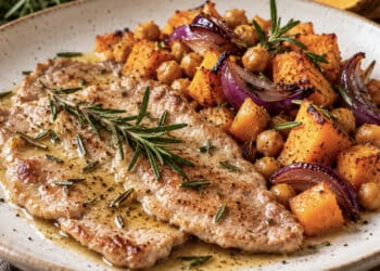La cultura nel piatto, scaloppine di vitello al rosmarino con zucca arrosto, cipolla rossa e ceci croccanti