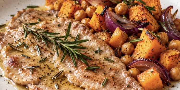 La cultura nel piatto, scaloppine di vitello al rosmarino con zucca arrosto, cipolla rossa e ceci croccanti