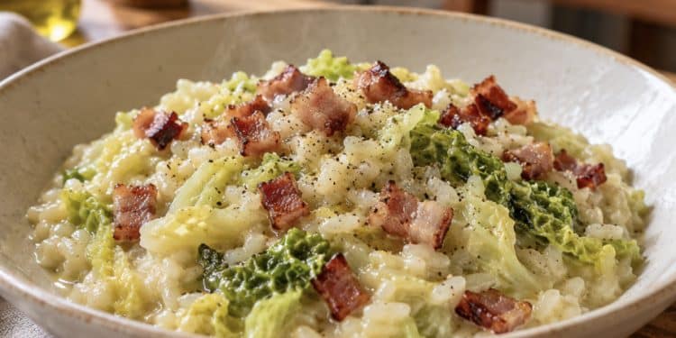 La cultura nel piatto, risotto con verza e pancetta croccante